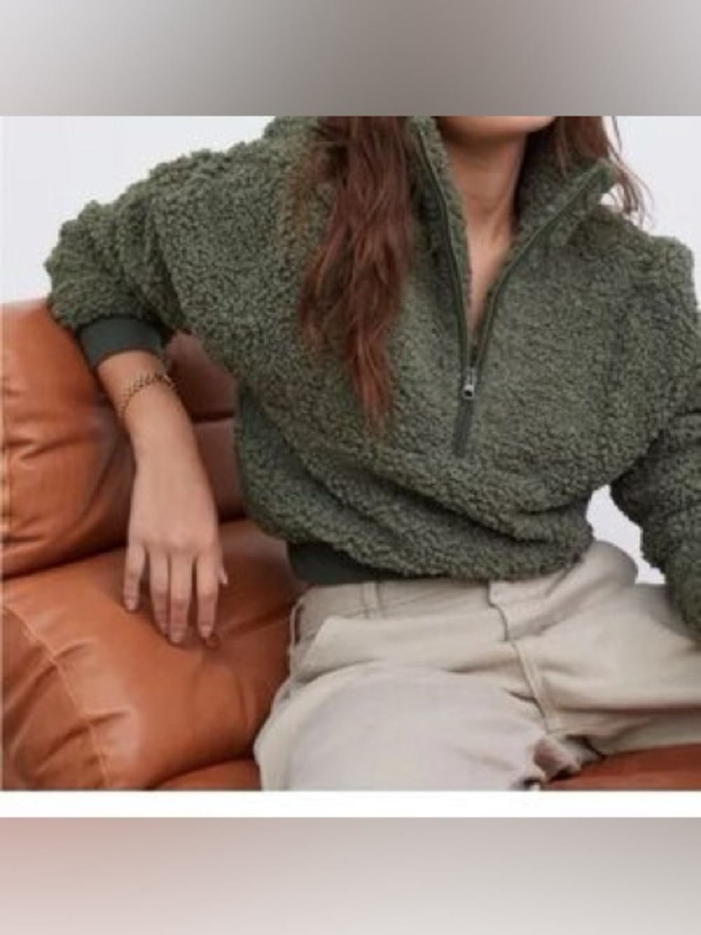 For Love And Lemons Olive Green Sherpa Half-Zip Cowl Sweater